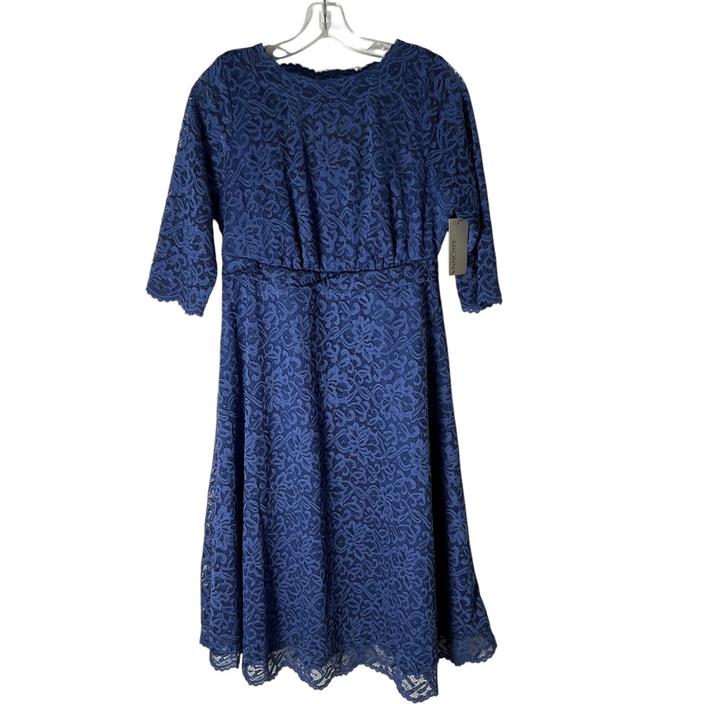 Kiyonna Luna Lace Dress Knee-Length 3/4-Sleeve‎ Cocktail Navy Blue Size 10 12